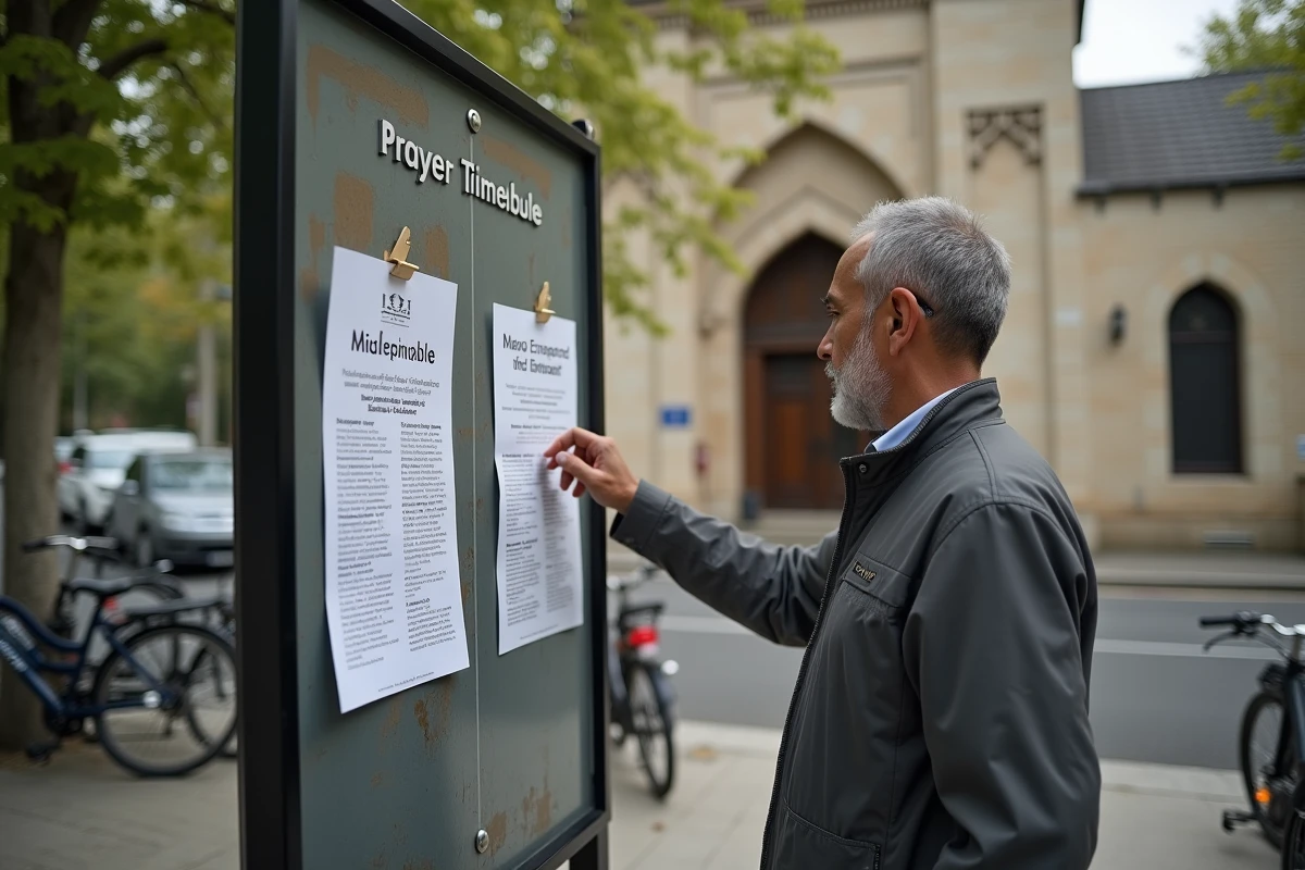 Homme musulman consultant un calendrier de prières devant une mosquee