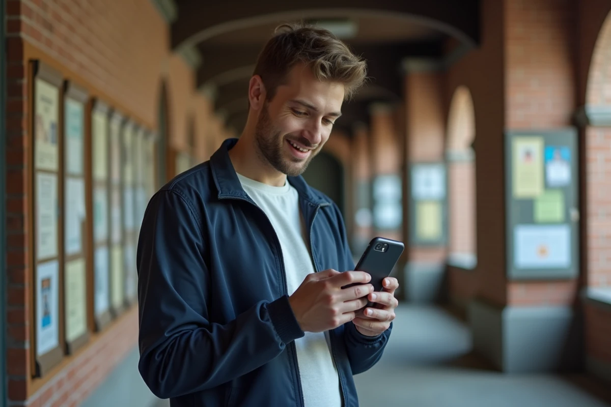 Homme consultant un profil de réseau social sur smartphone dans un couloir universitaire