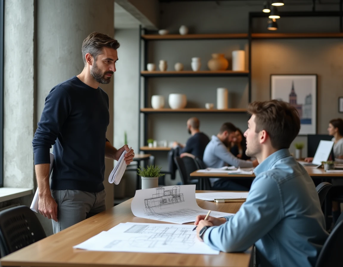Homme en transition de carrière discutant de son projet artistique dans un espace de coworking créatif