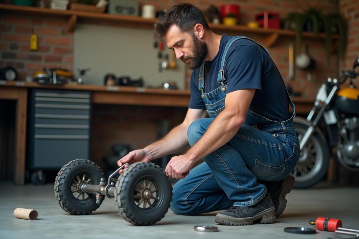 Homme en salopette examine un axe de moto Dax dans son garage