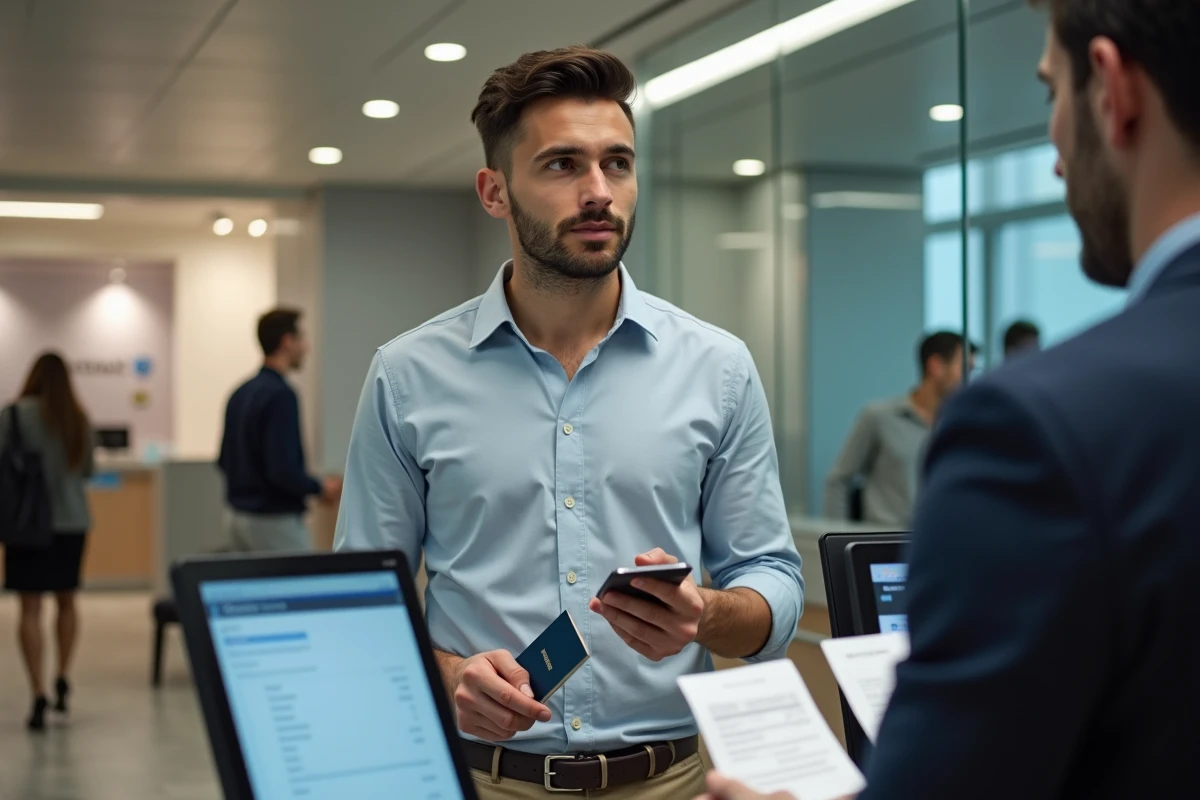 Jeune homme discutant avec un agent bancaire au guichet
