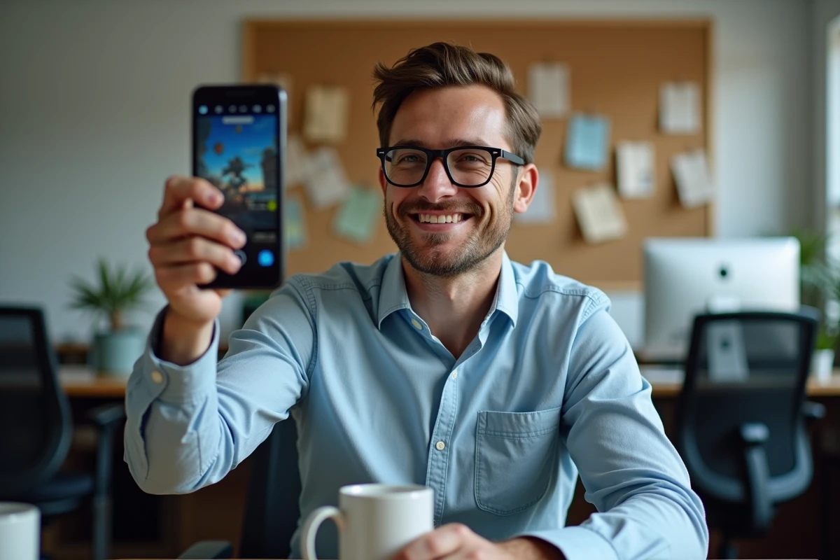 Homme souriant tenant un smartphone avec une interface de jeu