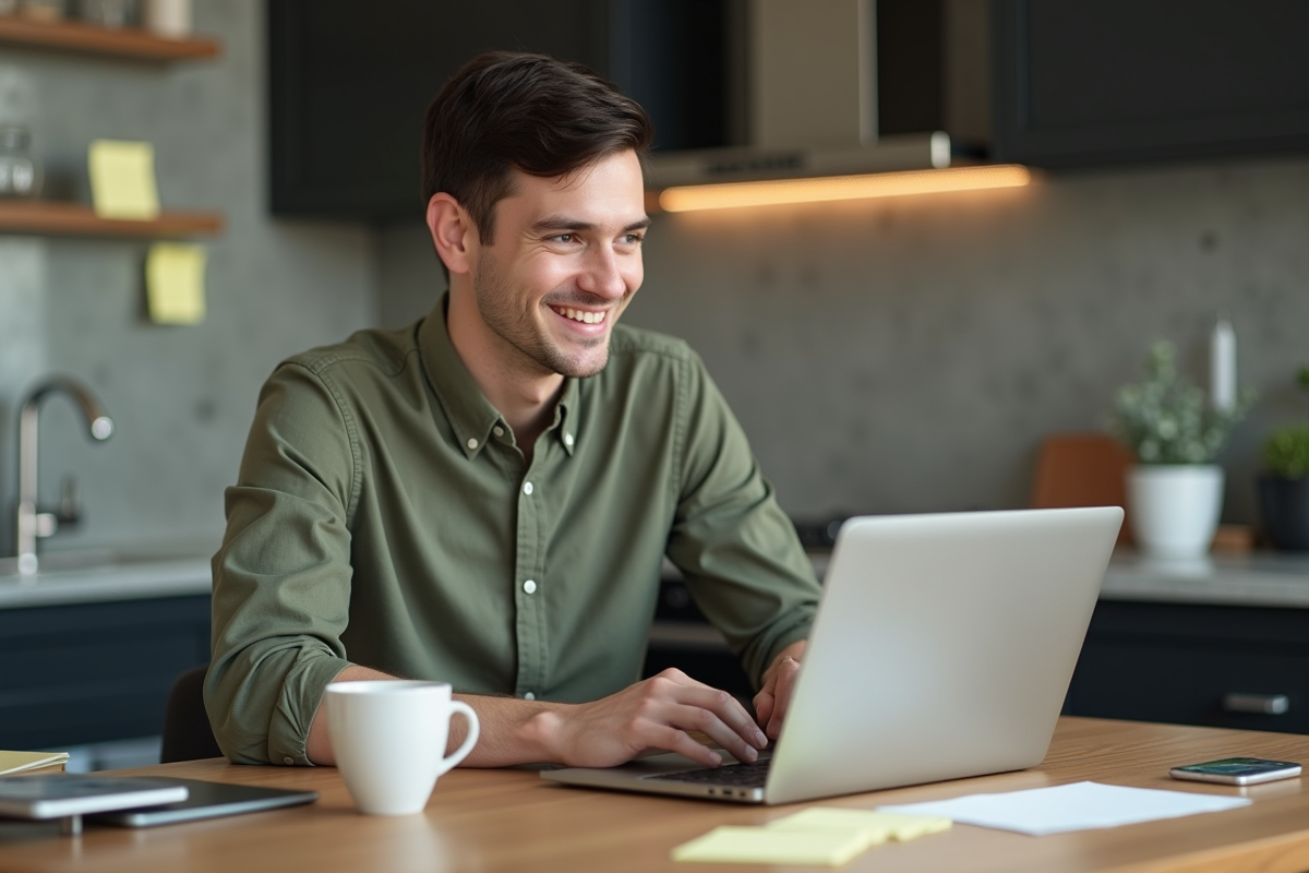 Homme en visioconference dans sa cuisine moderne