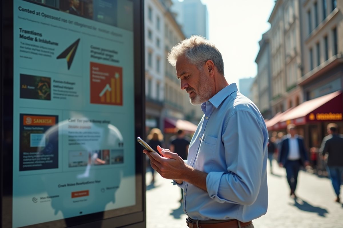 Homme frustré regardant une publicité en ville