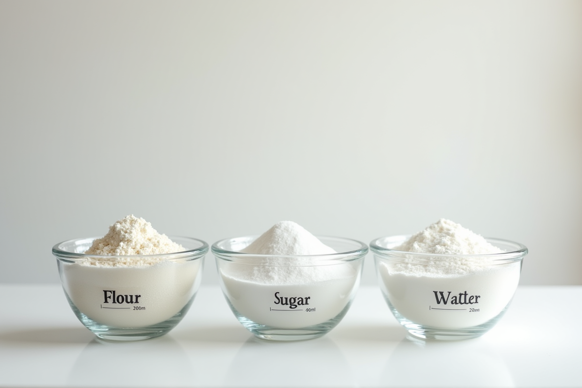 Ingrédients de cuisine farine sucre et eau en bols sur table