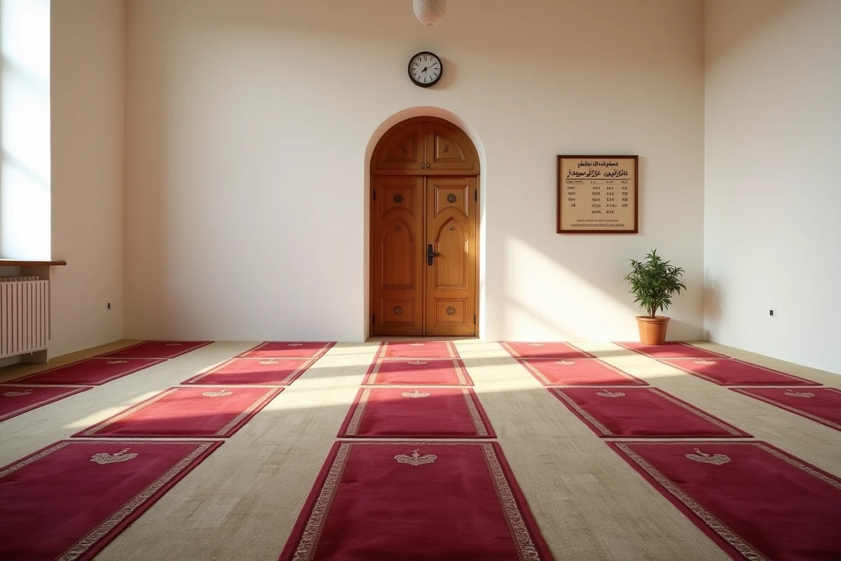 Intérieur d'une salle de prière de mosquée à Livry-Gargan avec tableau des horaires et tapis alignés