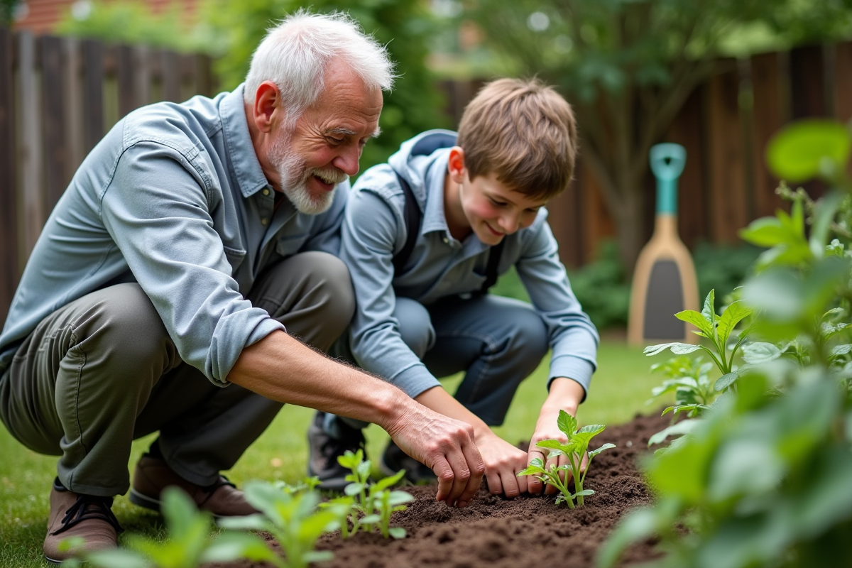 Un grand-père et un adolescent plantent dans le jardin