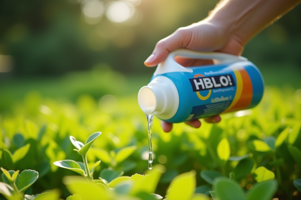 Main de jardinier versant AdBlue sur mauvaises herbes