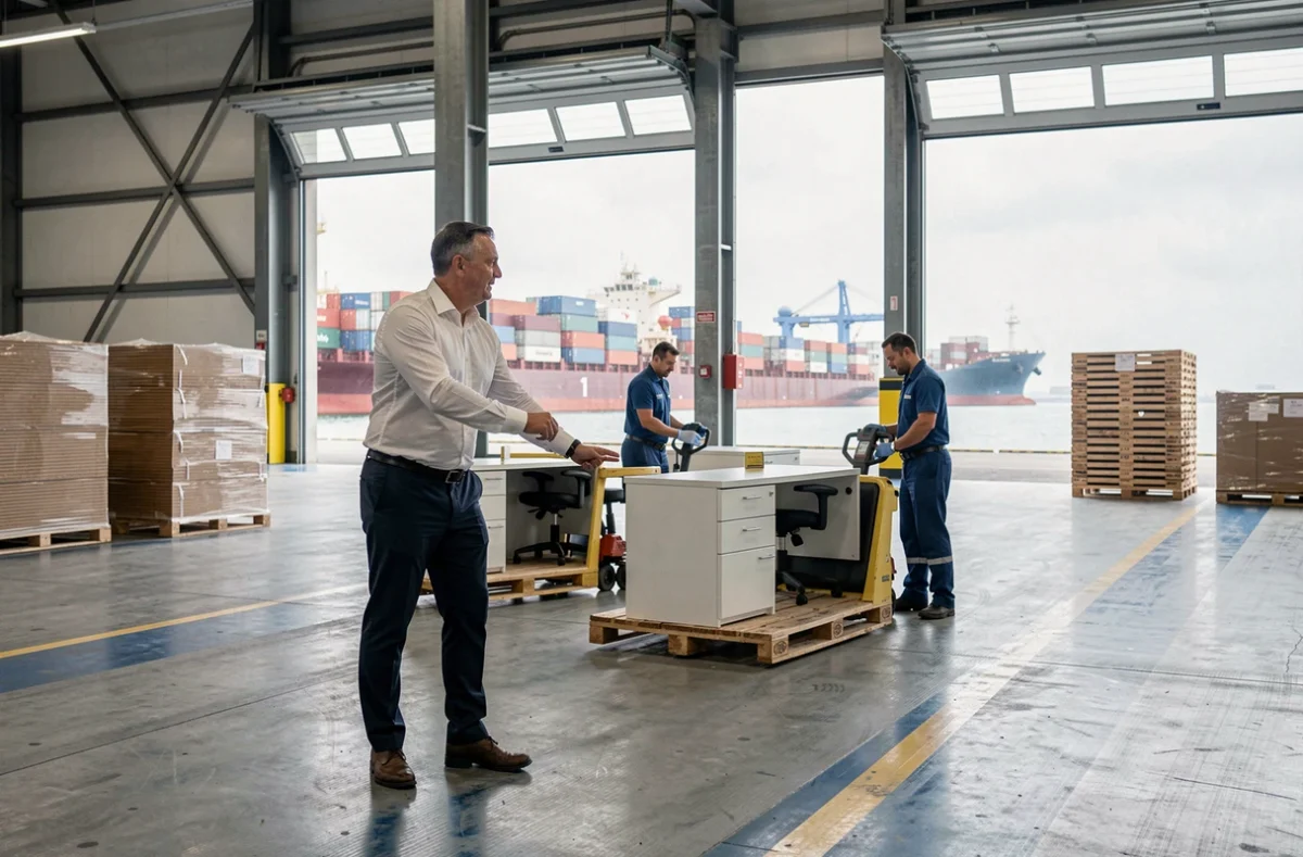 Manager logistique de JCL Transport Group supervisant des déménageurs avec des chariots élévateurs dans un entrepôt proche du port du Havre