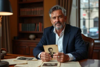 Homme aux origines méditerranéennes tenant une vieille photographie de famille dans un bureau élégant, évoquant la recherche de ses racines et son histoire personnelle