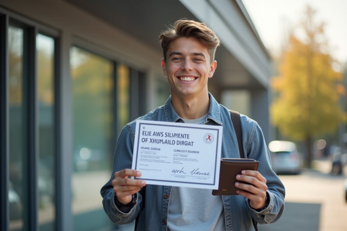 Jeune adulte tenant un certificat de licence moto devant une auto ecole