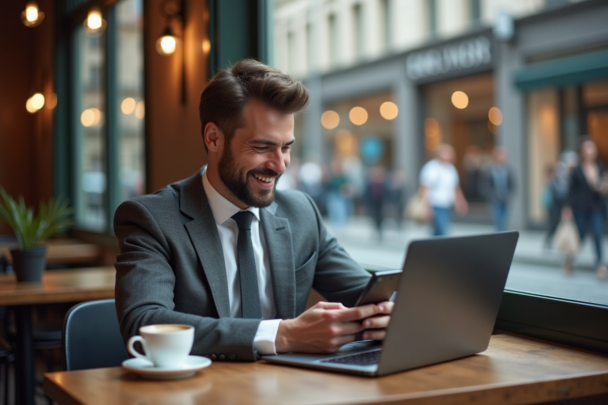 Jeune entrepreneur souriant avec smartphone dans un café urbain