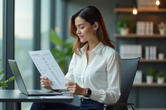 Jeune femme professionnelle en bureau moderne avec ordinateur