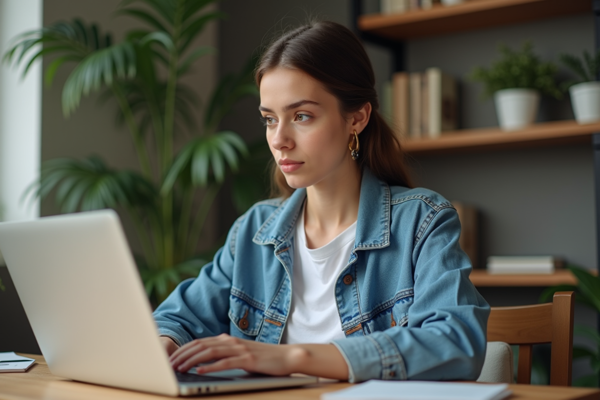 Jeune femme en bureau travaillant sur son ordinateur