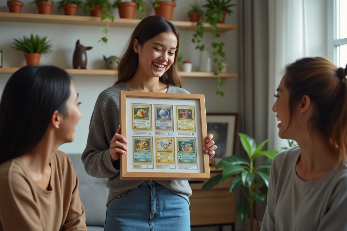 Jeune femme montrant un cadre de cartes Pokémon à ses amis