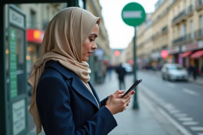 Jeune femme musulmane vérifiant l'heure de prière à Paris