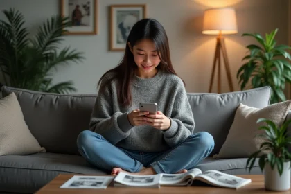 Jeune femme lisant manga sur smartphone dans un salon cosy