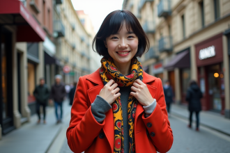 Jeune femme urbaine en mode vintage moderne ajustant une écharpe colorée