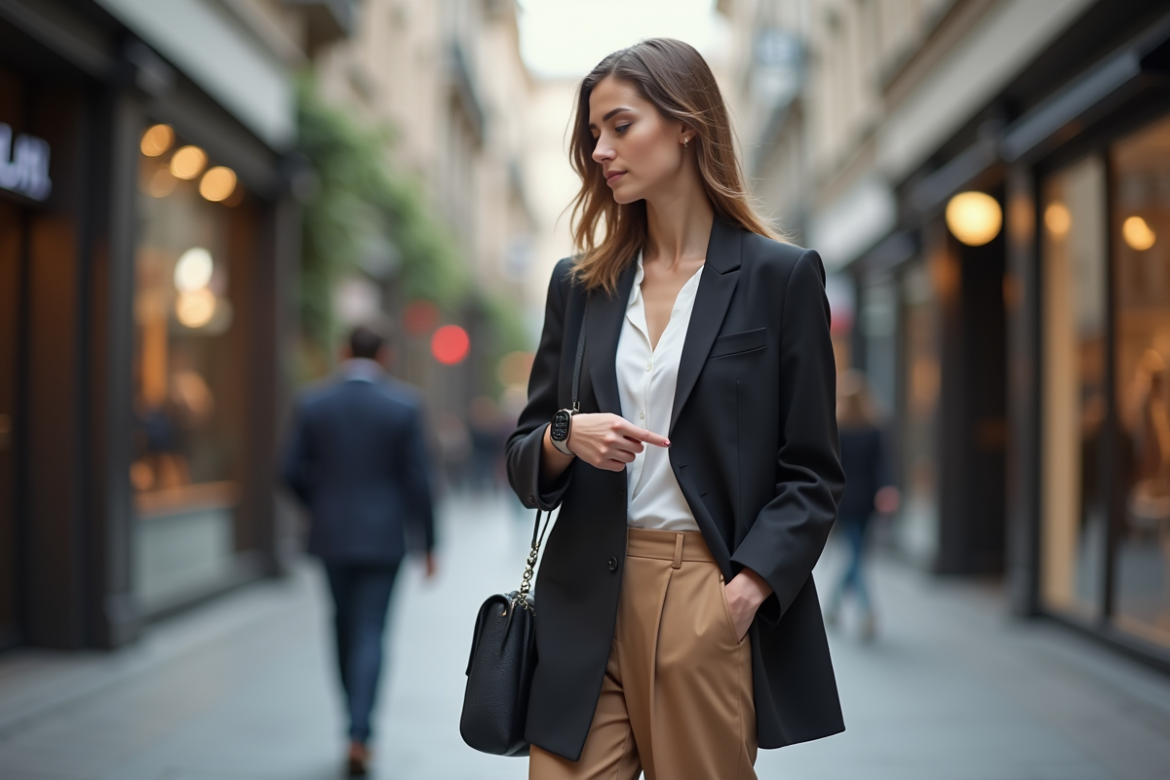 Jeune femme élégante en ville avec blazer avantgarde