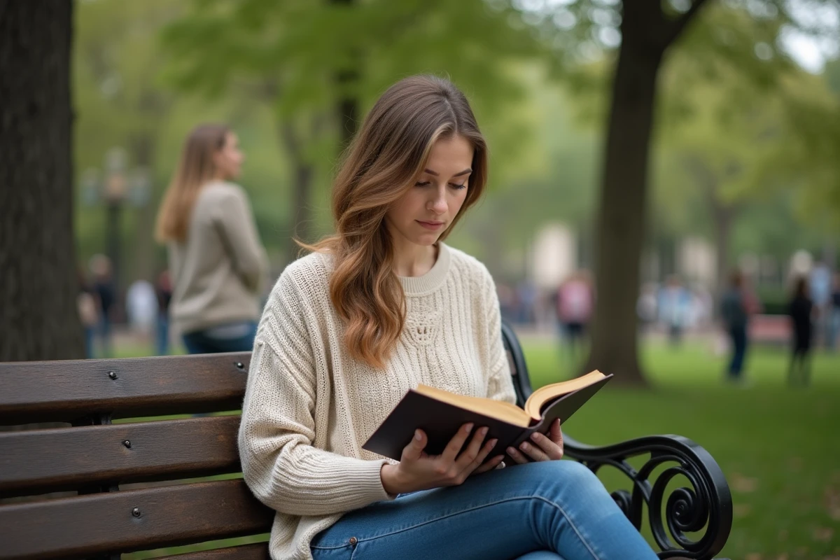 Jeune femme lisant la Constitution dans un parc en ville