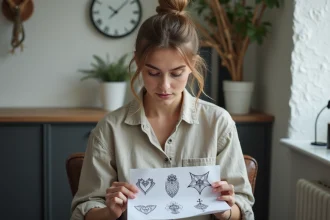 Jeune femme réfléchissant à un tatouage vegvisir dans un studio moderne