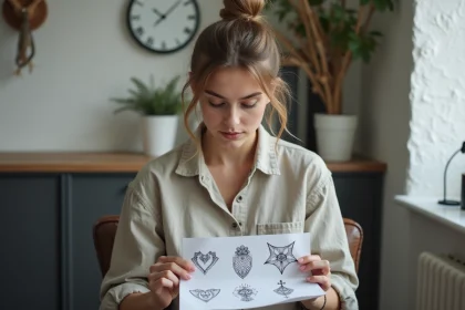 Jeune femme réfléchissant à un tatouage vegvisir dans un studio moderne