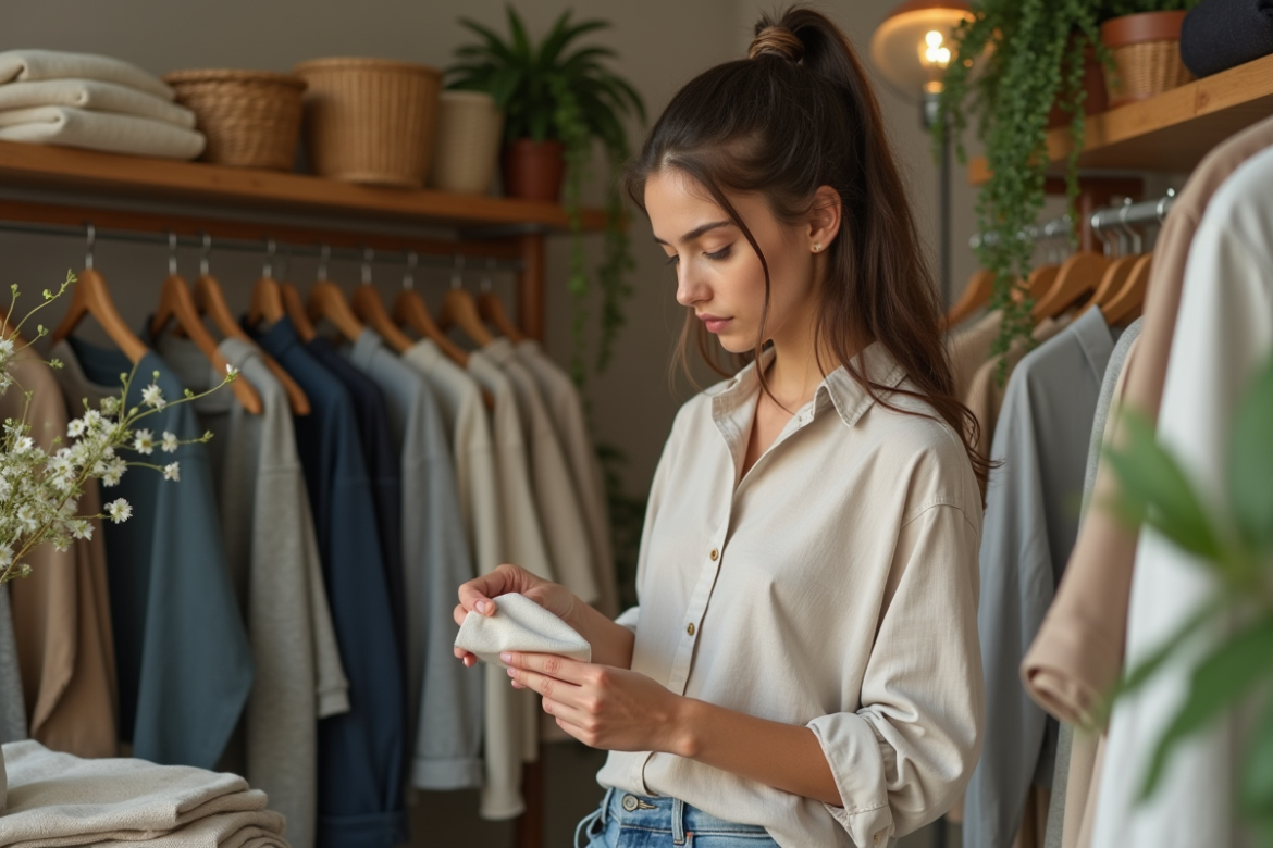 Jeune femme examine étiquettes vêtements dans boutique naturelle
