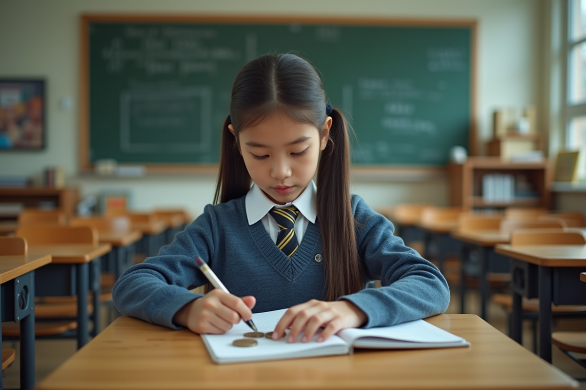 Jeune fille en uniforme scolaire comptant des pièces