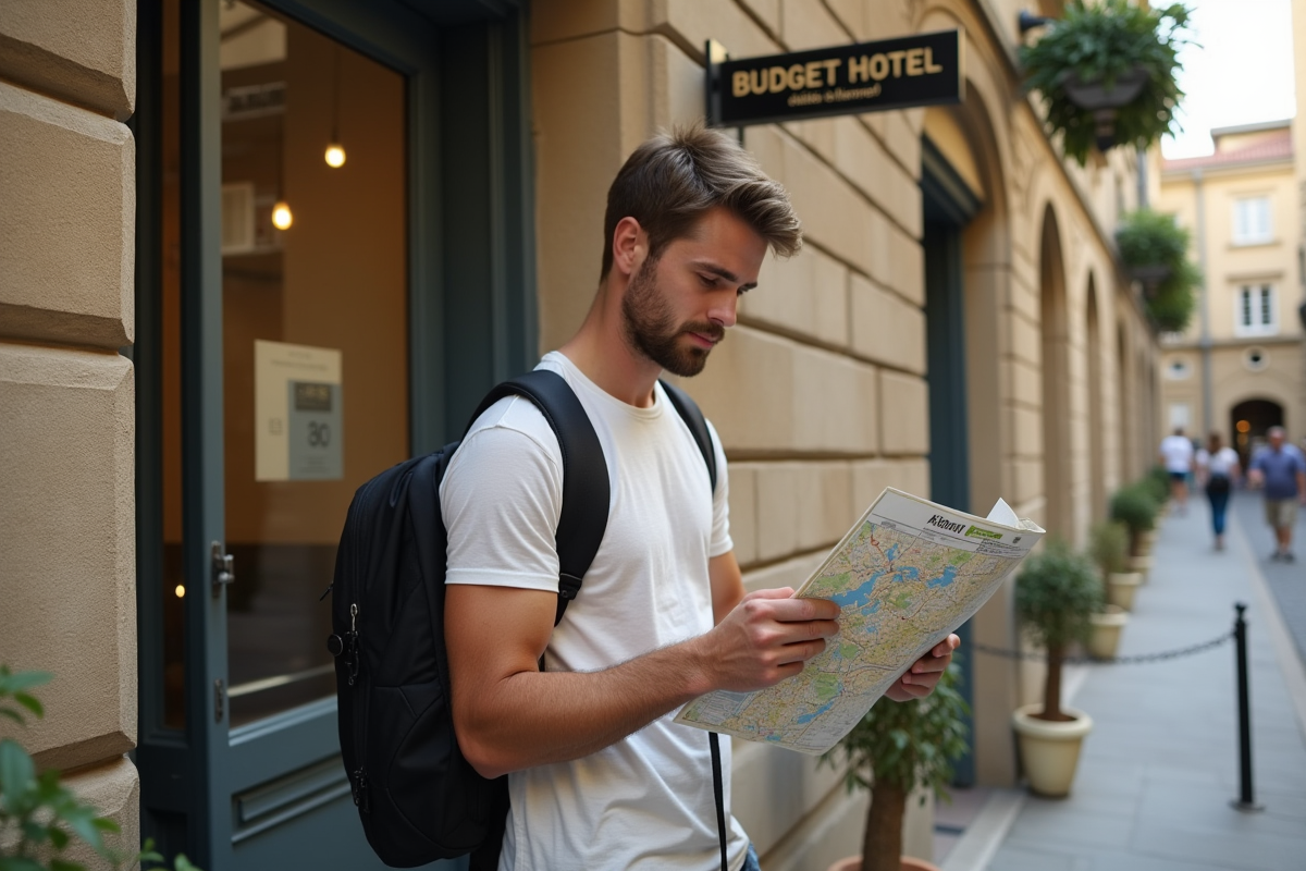 Jeune homme examine une carte devant un hôtel à Montpellier
