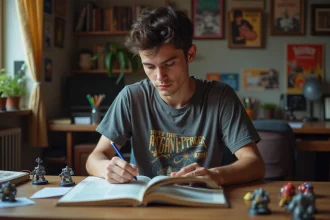 Jeune homme lisant un livre de règles Warhammer dans un bureau cosy