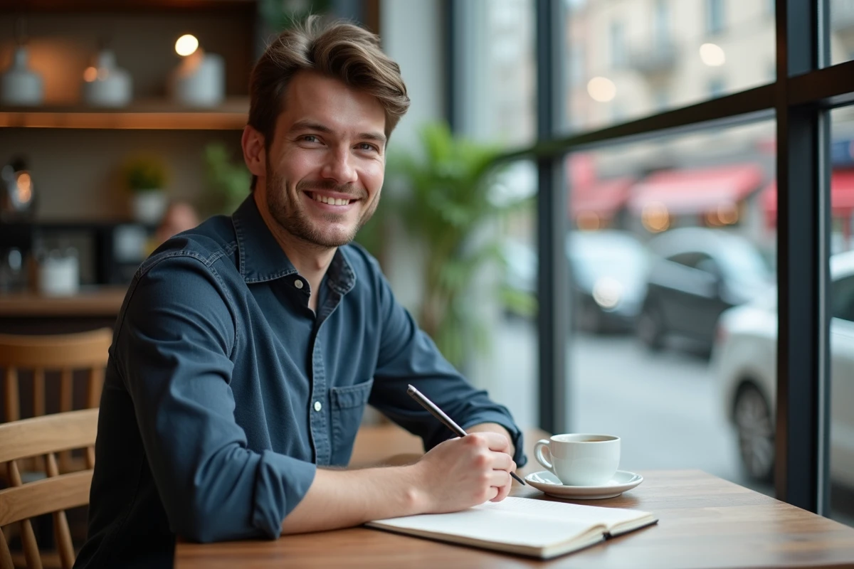 Jeune homme écrivant dans un journal au café