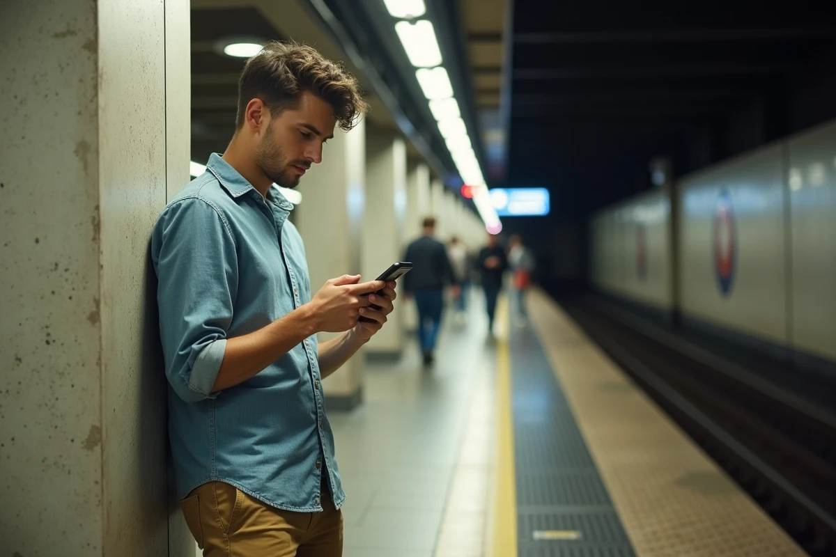 Jeune homme lisant comics sur smartphone dans une station de métro