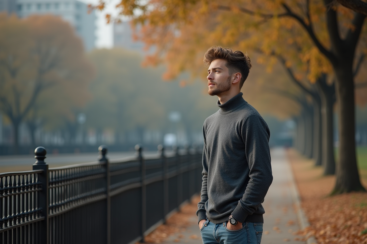 Jeune homme pensif dans un parc urbain