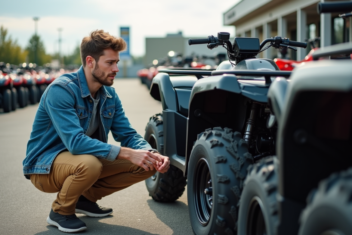 Jeune homme inspectant un quad dans un parking de concession