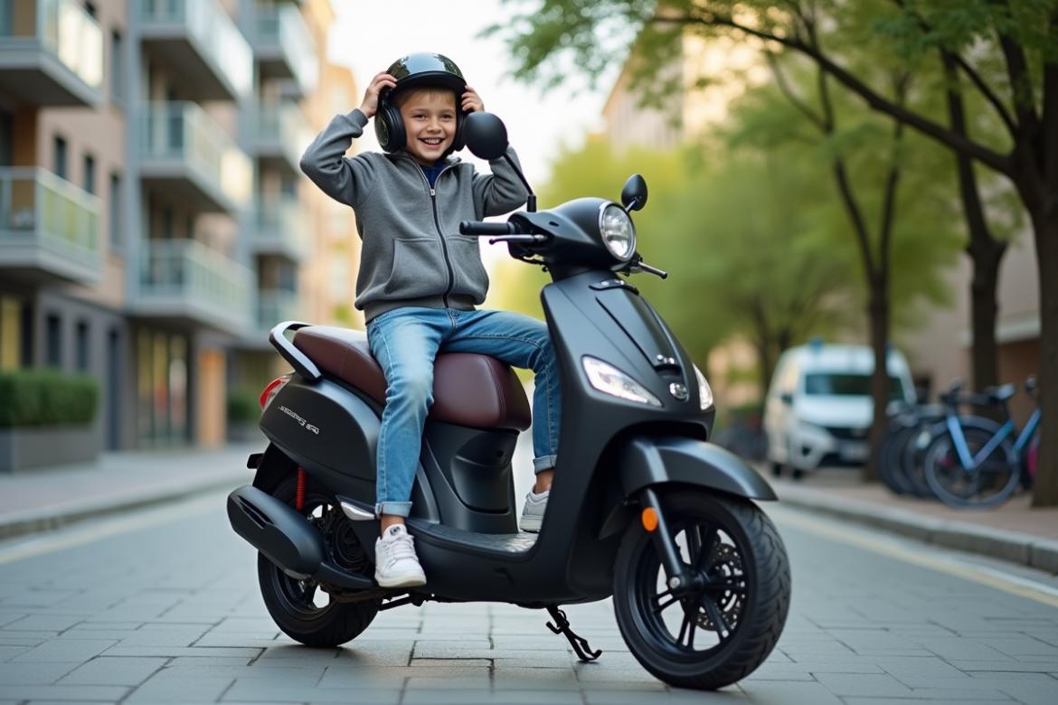 Jeune garçon ajustant son casque sur un scooter en ville