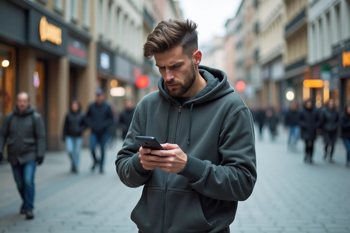 Jeune homme urbain regardant son smartphone avec confusion