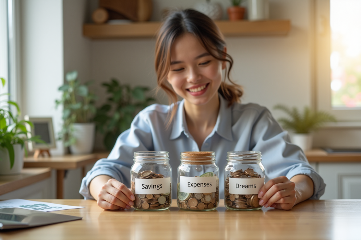 Jeune professionnel organisant ses économies dans la cuisine