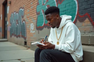 Jeune rappeur urbain écrivant des paroles de rap dans un carnet assis sur des marches en béton devant un mur taggué