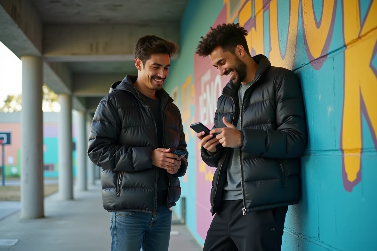 Deux jeunes hommes discutant de l'argot et de la traduction de paroles de rap sur un smartphone dans un centre communautaire urbain