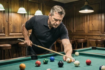 Joueur de billard concentré étudiant la position des billes sur un tapis vert en salle de billard