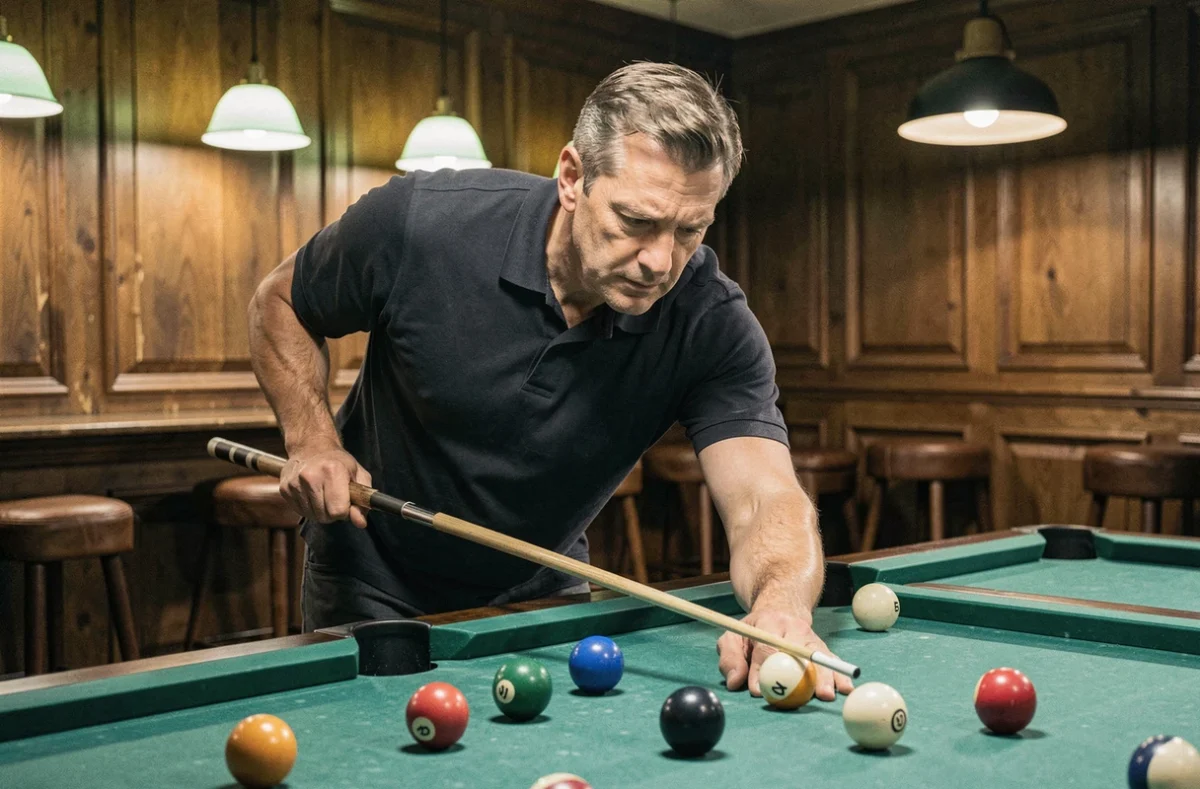 Joueur de billard concentré étudiant la position des billes sur un tapis vert en salle de billard