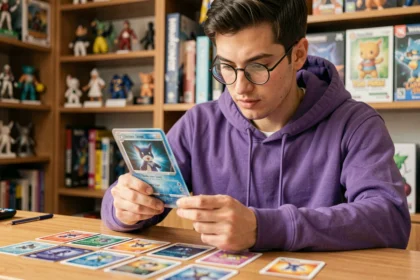 Joueur adulte examinant une carte Pokémon de type Psy holographique à son bureau de collectionneur