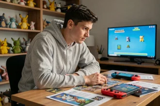 Joueur adulte entouré de cartes Pokémon et d'une Nintendo Switch consultant des documents de leaks sur les futures sorties 2026