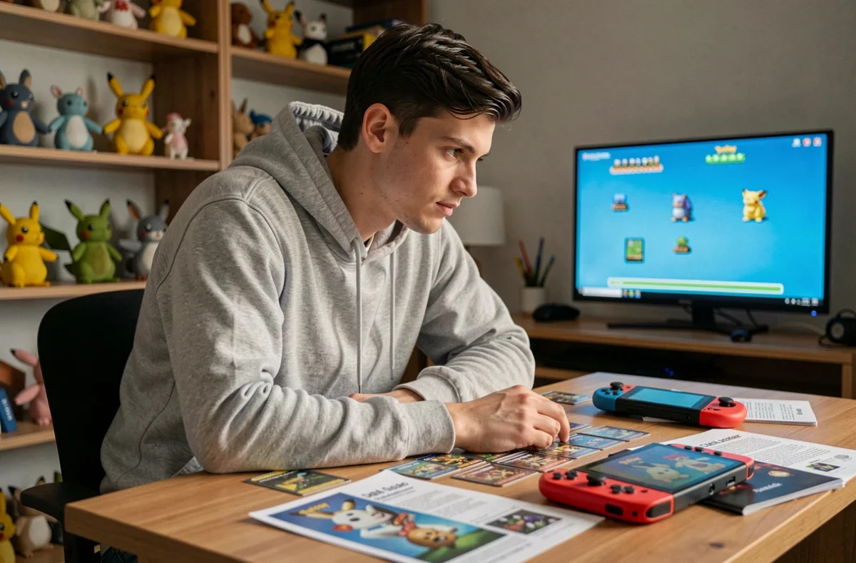 Joueur adulte entouré de cartes Pokémon et d'une Nintendo Switch consultant des documents de leaks sur les futures sorties 2026