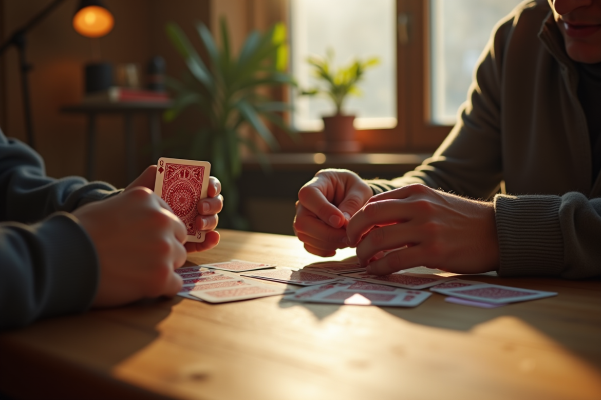 Deux personnes jouent à la crapette avec des cartes françaises