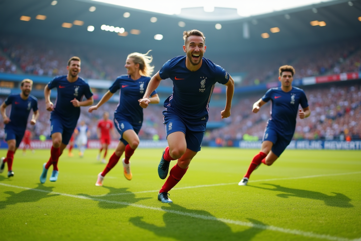 Joueurs de football français célébrant un but en plein soleil