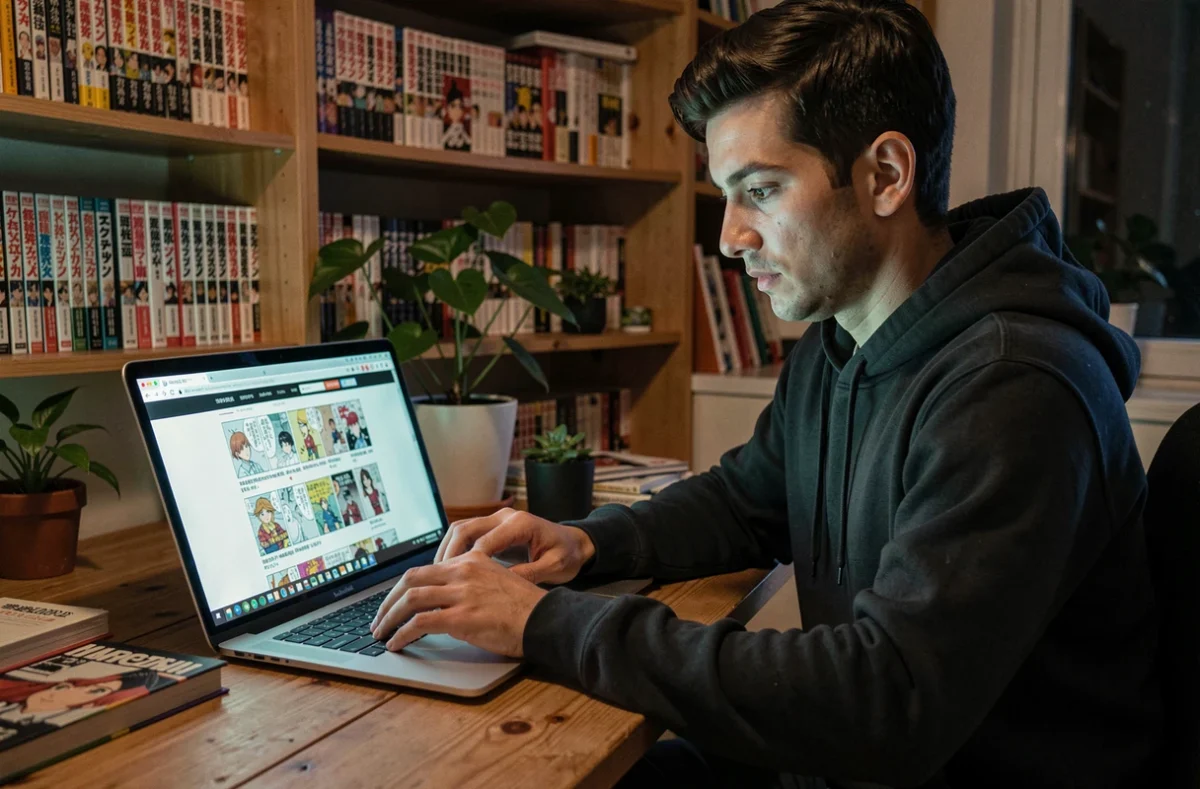 Jeune homme lisant des mangas en ligne sur un ordinateur portable dans un bureau à domicile entouré de volumes de manga