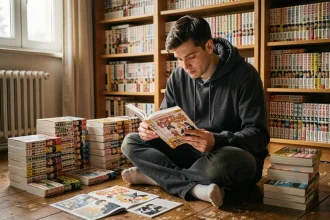 Jeune homme lisant un manga de fantasy isekai entouré de volumes empilés dans une bibliothèque personnelle