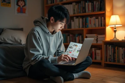 Jeune homme lisant des scans de manga en ligne sur un ordinateur portable dans une chambre décorée de références à la culture manga japonaise