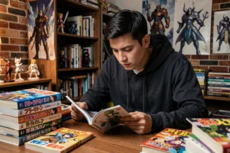 Jeune homme lisant un manga isekai japonais traduit en français entouré de volumes et figurines d'anime dans une chambre cosy